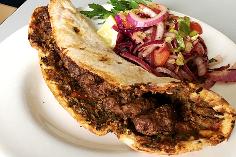 The pasha kebab is a whole Turkish pizza wrapped around grilled ground lamb.