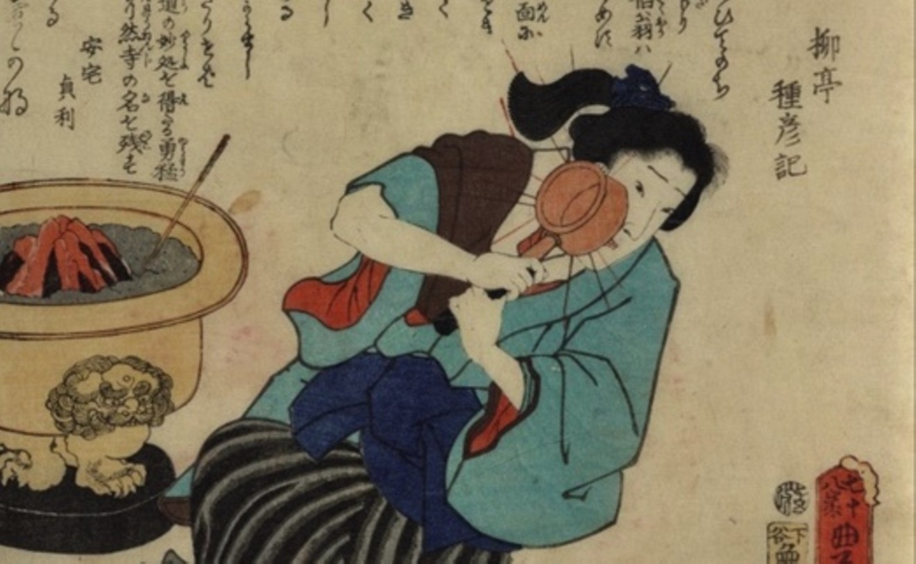 Utagawa Kunisada 歌川国貞, Ryūtei Tanehiko 柳亭種彦, “The Nun Ryōnen (Ryōnen-ni)” from Famous Women of Past and Present (Kokon meifuden), 1864. Color woodblock print.