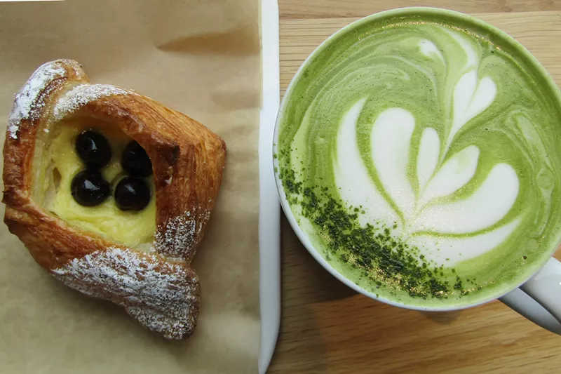 Image: A cherry-custard tart and a matcha latte at Denver's newest Japanese bakery.