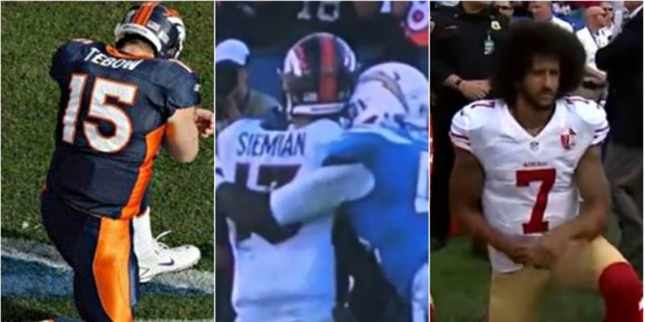 Tim Tebow (left) and Colin Kaepernick (right) kneel, albeit for different reasons, while Trevor Siemian is seen a second from being flat on his back.