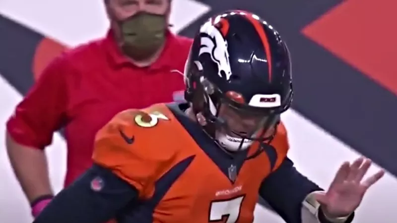 Image: Broncos quarterback Drew Lock doing a happy dance after tying the game against the Los Angeles Chargers as time expired.
