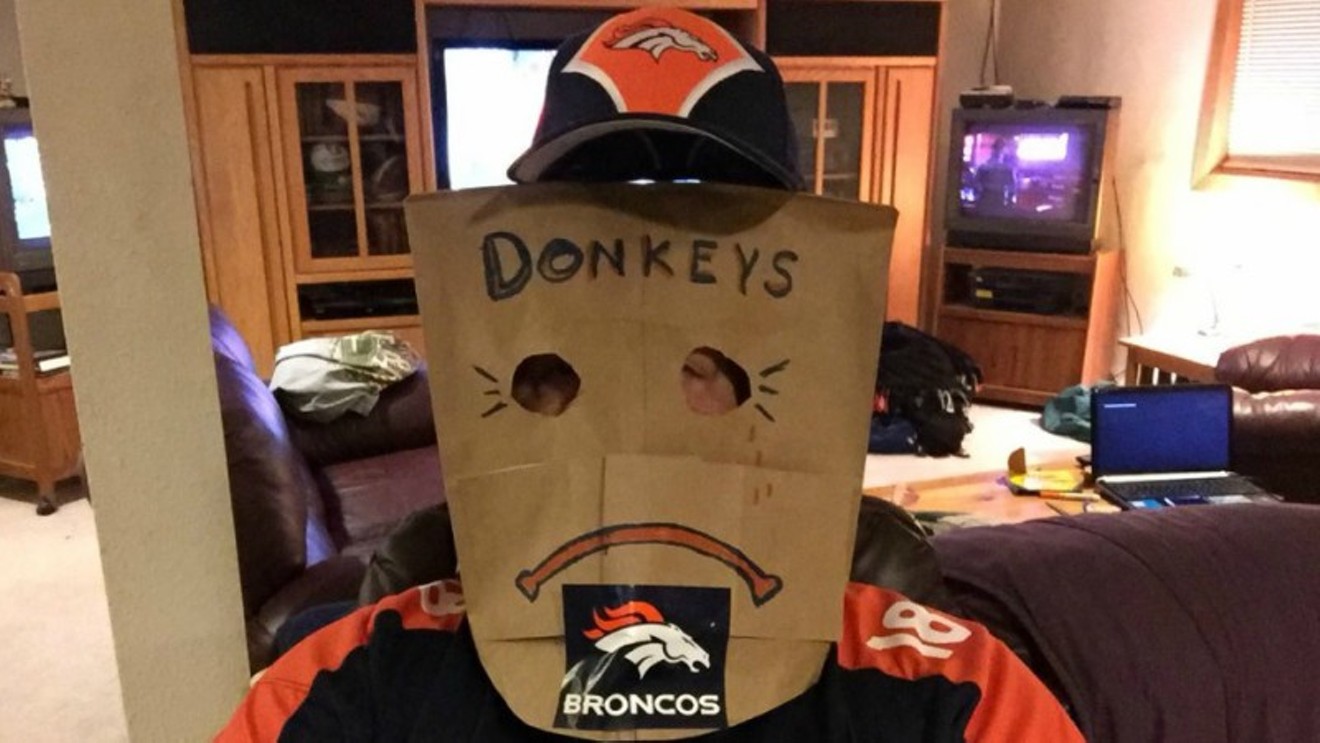 The caption on this photo reads: "Thanks @johnelway and my @PostBroncos @Broncos 54+ year fan and I’m embarrassed."