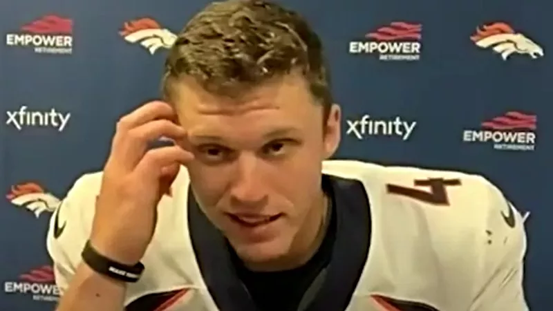 Image: Quarterback Brett Rypien during a post-game interview following the Denver Broncos' 37-28 victory over the New York Jets.