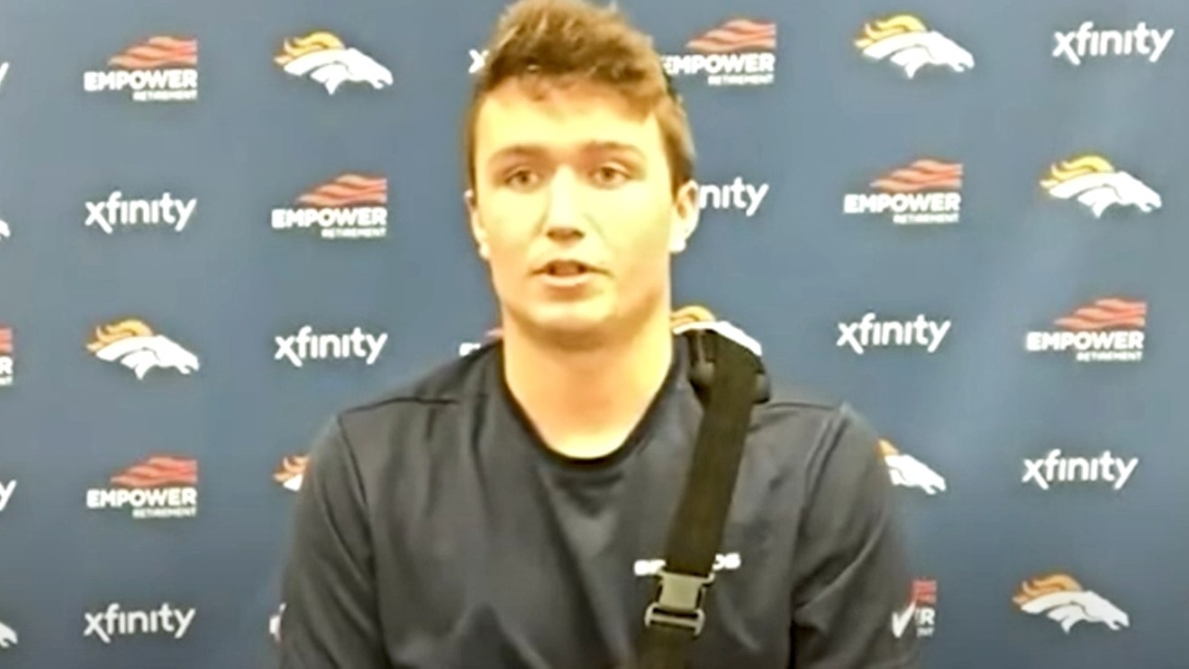 Denver Broncos quarterback Drew Lock appeared at his September 20 post-game press conference with his arm in a sling.