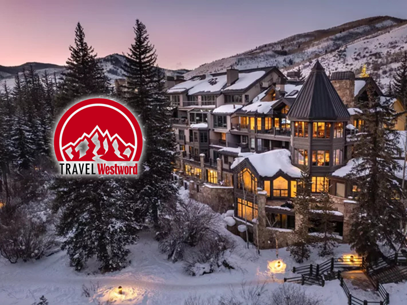Image: Sunset behind a hotel in the snow
