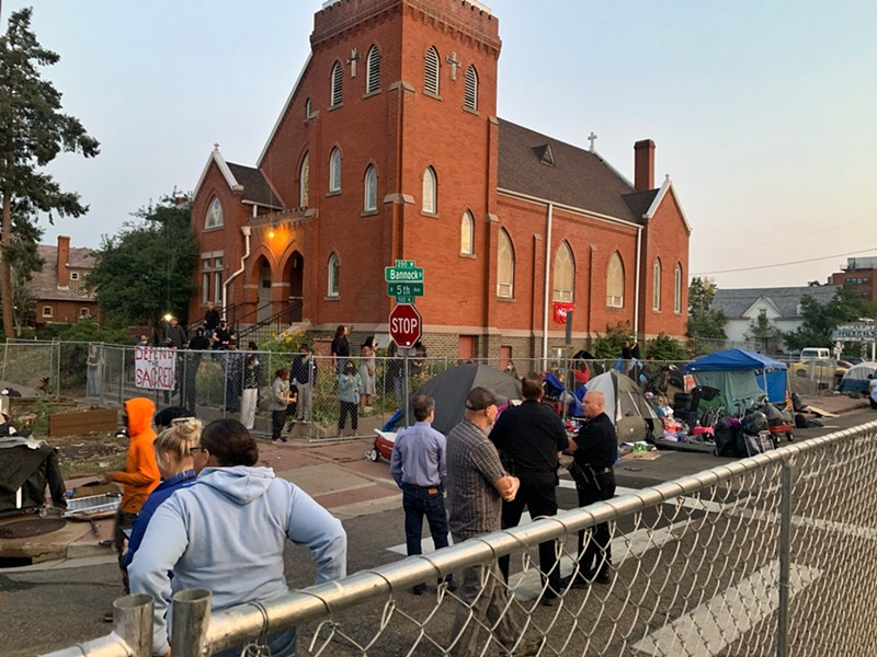 Denver authorities swept a homeless encampment outside the Four Winds American Indian Council center on August 31, 2021.