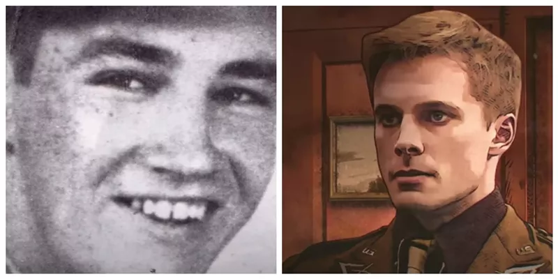 Image: A World War II-era photo of Felix Sparks, and as he's portrayed in Netflix's The Liberator.