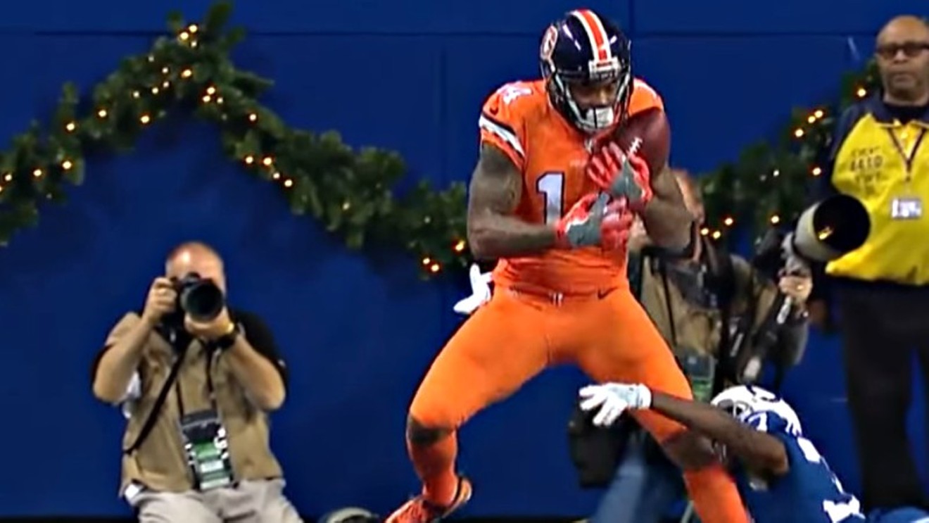 Cody Latimer showing off his all-orange uniform in the end zone.