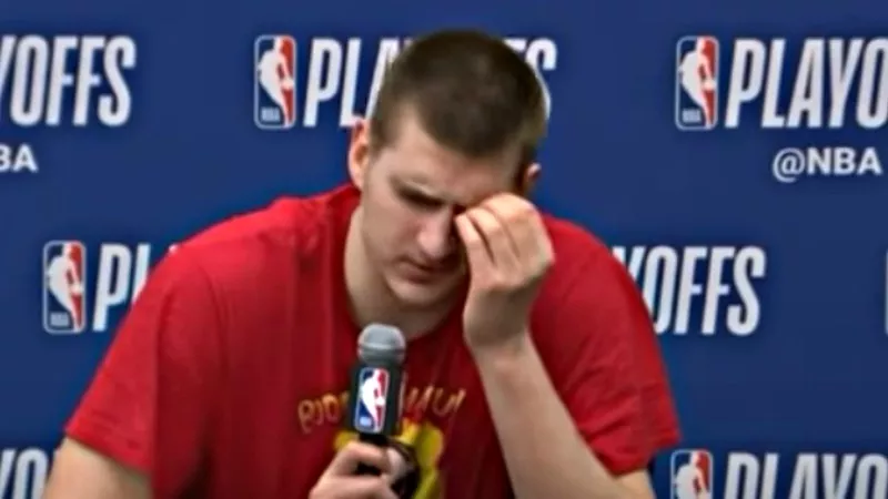 Image: Nikola Jokiic at a press conference following the Denver Nuggets' agonizing loss on May 12.