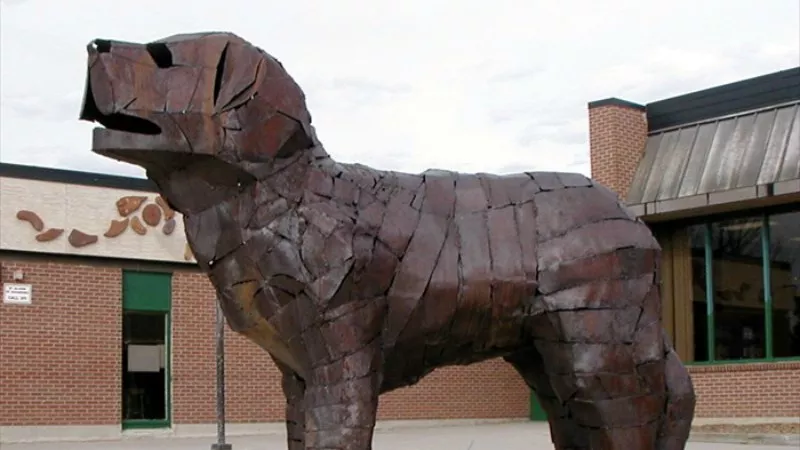 Image: A sculpture of Sabin Middle School's bulldog mascot is on display outside the facility.