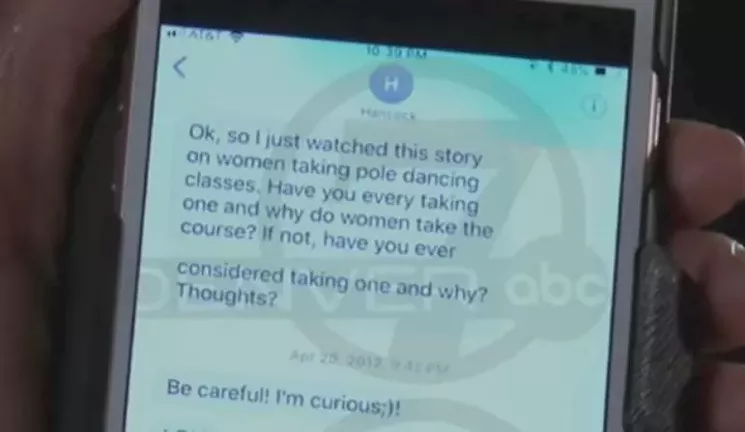 Hancock's text message to Leslie Branch-Wise about pole dancing. - YOUTUBE VIA DENVER7