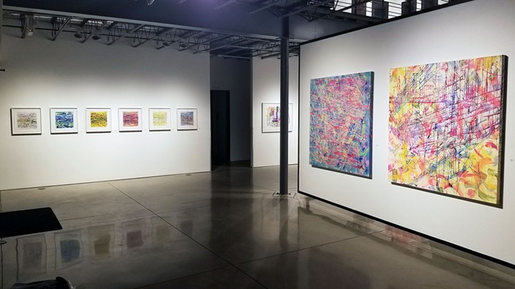 Monroe Hodder's prints (left) and paintings (right) at Space Gallery. - COURTESY OF SPACE GALLERY