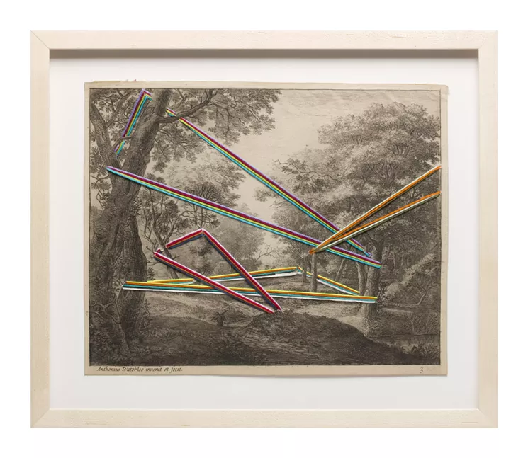 Suchitra Mattai, "Trapeze," 2017. Thread on vintage print, 12 x 15 x 1 in. - COURTESY OF SUCHITRA MATTAI