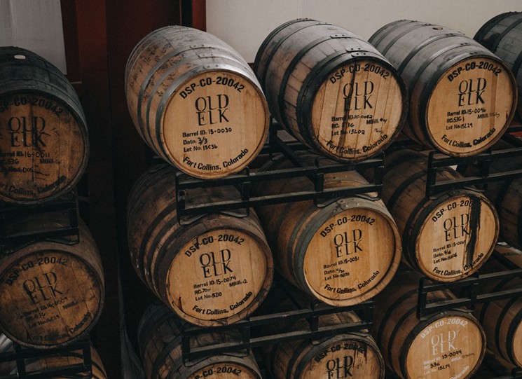 Barrels of booze being aged at Old Elk Distillery. - OLD ELK DISTILLERY