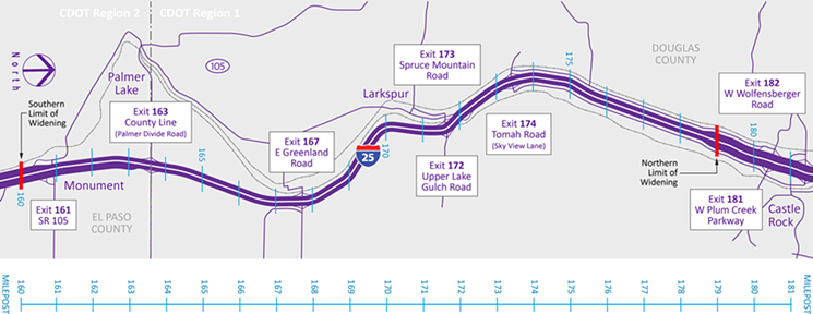 A map of the I-25 South Gap construction area. - HTTPS://WWW.CODOT.GOV/PROJECTS/I-25-SOUTH-MONUMENT-CASTLE-ROCK-EA