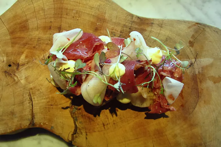 This bison tongue fancy toast is really a grilled cheese sandwich topped with good stuff. - MARK ANTONATION