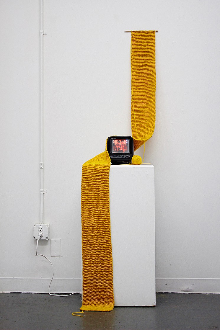 Mari Crespin, "Anxiety Scarf (Knit Yourself Clean)," video installation in Spivak Gallery, RMCAD, 2017. - COURTESY OF MARI CRESPIN