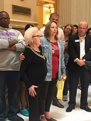Fanny Starr, a 96-year-old Holocaust survivor, speaks out against family separation at a protest held Monday at the State Capitol. - COURTESY OF LAURA RICHARDS
