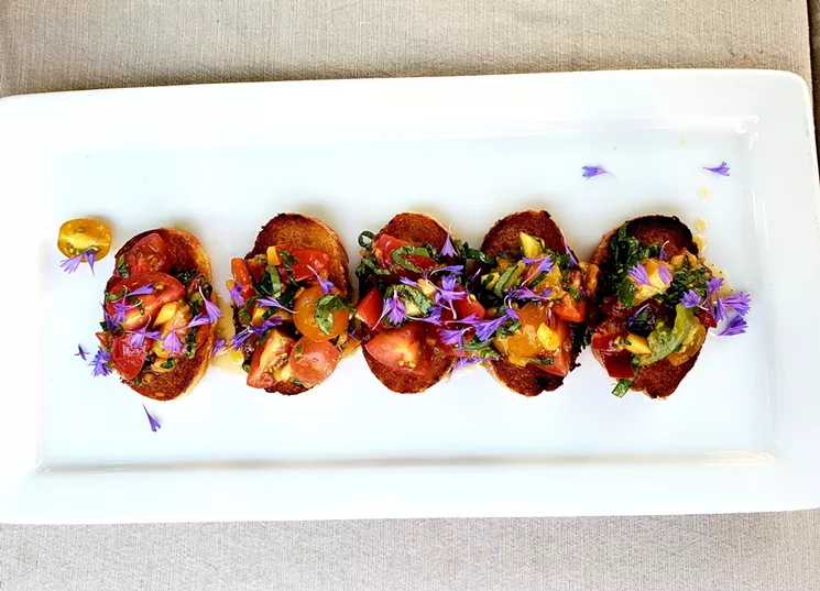 The bruschetta chef Chris Starkus made for the chef's demo at the Union Station Farmers' Market on June 30. - LINNEA COVINGTON