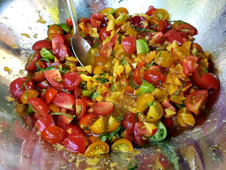 The glorious "salad" of heirloom tomatoes, honey, peaches and basil, all from the Union Station Farmers' Market on June 30. - LINNEA COVINGTON