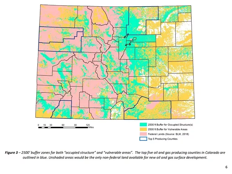 An excerpt from the COGCC's study on the potential impact of Initiative 97 on oil and gas developments in the state. The cyan and yellow patches mark areas where new development will be banned under a proposed 2,500-foot setback. - COLORADO OIL AND GAS CONSERVATION COMMISSION
