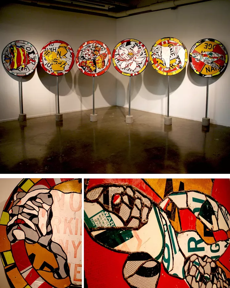Justin Maes, "Guidance & Direction," 2009, salvaged street signs, lead solder, wood, concrete, steel. LAMoPCA (Los Angeles Museum of Post-Contemporary Art). - JUSTIN MAES