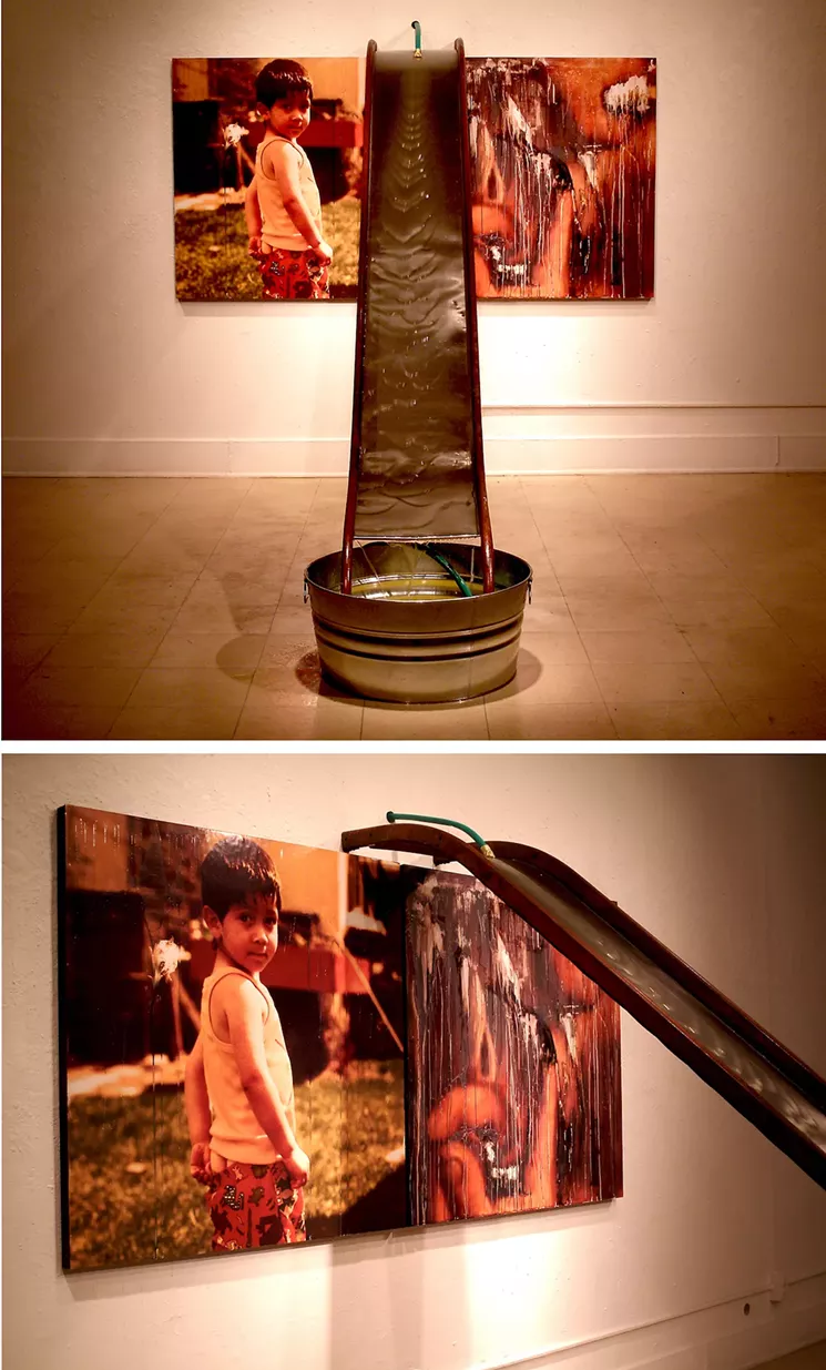 Justin Maes, "Grease-Slide," 2009, found slide, 20 gallons of lubricant, digital prints, steel tub, garden hose, sub-pump. - JUSTIN MAES