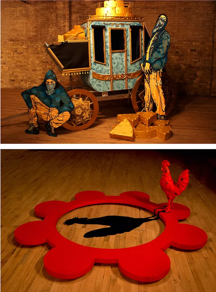 Justin Maes, "Crip-Coach," 2010, wood, acrylic, foam, 24k gold, and "Cock-Ring," 2010, wood, acrylic, fiberglass. - JUSTIN MAES