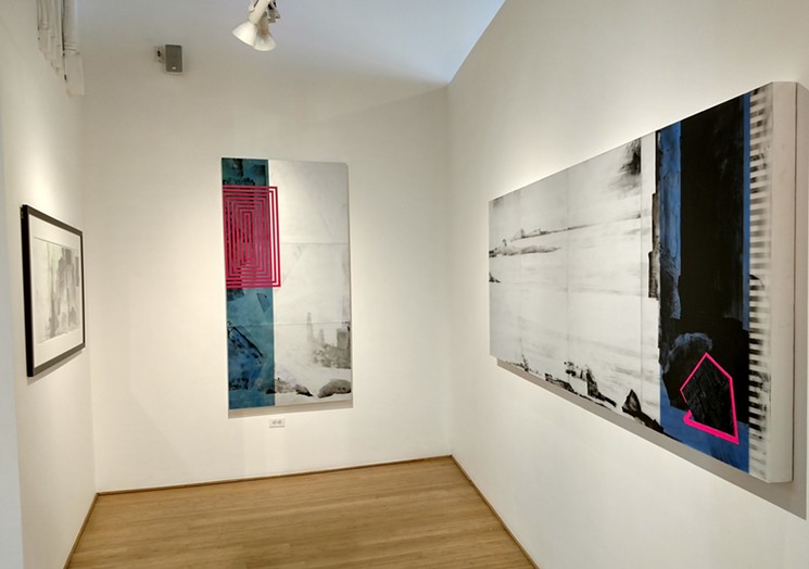 Andrew Roberts-Gray's "In the Year 3535" (back wall) and "80-86," both mixed media on sandblasted mirror. - COURTESY OF MICHAEL WARREN CONTEMPORARY