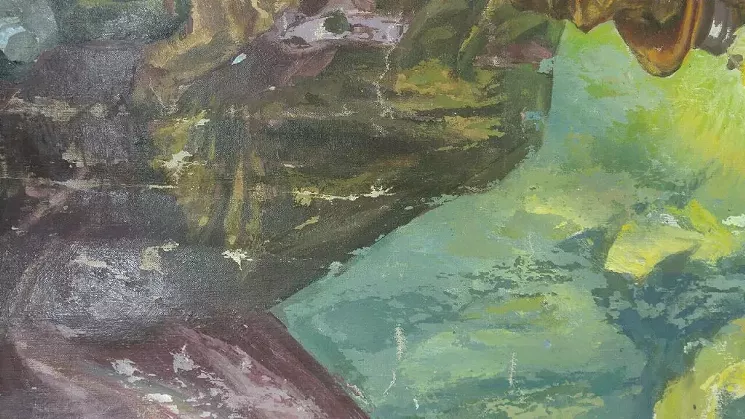 Close-up of paint damage on an Irwin Hoffman painting rediscovered at the Colorado School of Mines. - LISA KINZEL