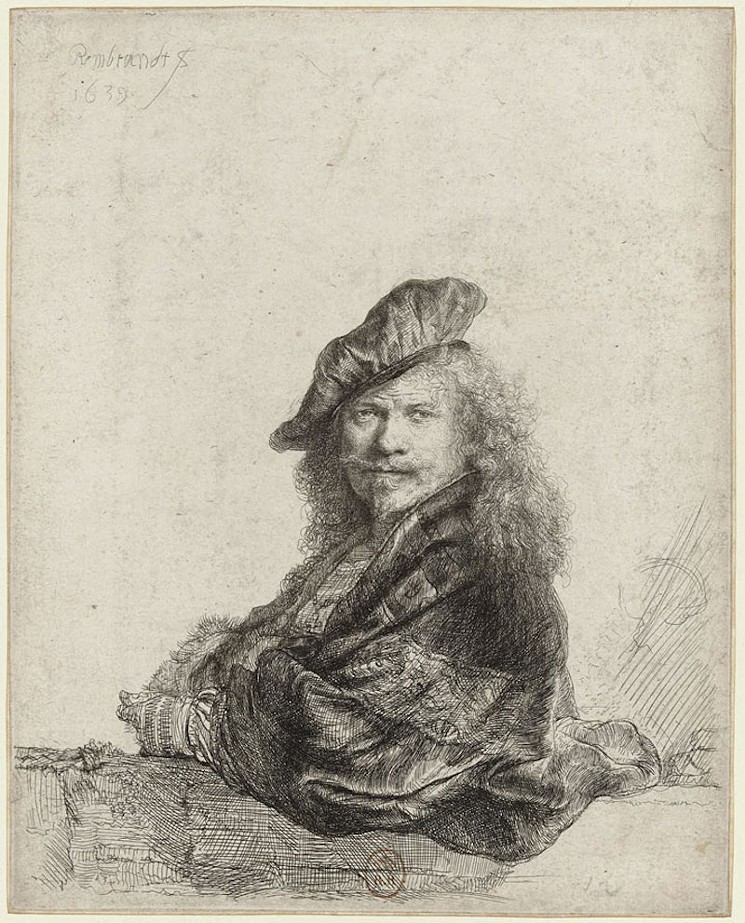Rembrandt van Rijn, Self-Portrait Leaning on a Stone Sill, 1639. - BIBLIOTHÈQUE NATIONALE DE FRANCE, DEPARTMENT OF PRINTS AND PHOTOGRAPHY