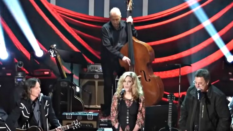 Jeff Hanna sharing the spotlight with Alison Krauss and Vince Gill at the Dirt Band's fiftieth anniversary celebration in 2016. - YOUTUBE