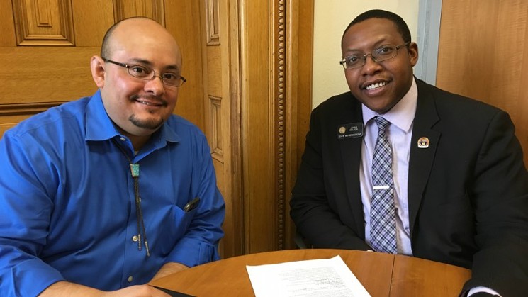 Representative Jovan Melton with Right to Rest act co-sponsor Representative Joseph Salazar, who's spoken out on his behalf in the wake of domestic-violence allegations against him. - PHOTO BY CHRIS WALKER