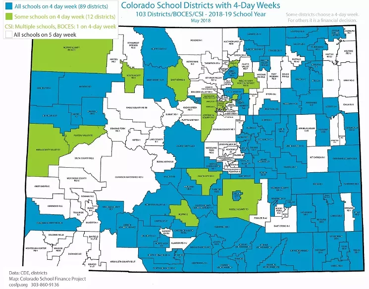 This Colorado School Finance Project graphic shows the number of school districts in the state operating on four-day weeks in 2018-2019. - COLORADO SCHOOL FINANCE PROJECT