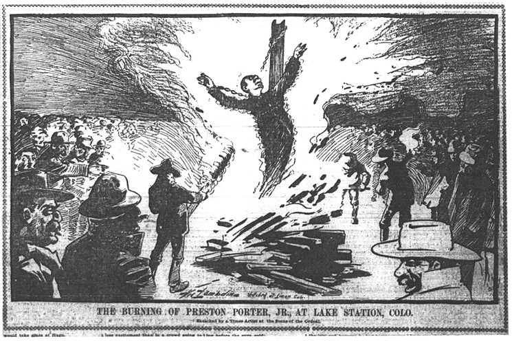 Porter's lynching attracted a crowd of hundreds and was featured in graphic newspaper illustrations. - DENVER PUBLIC LIBRARY WESTERN HISTORY