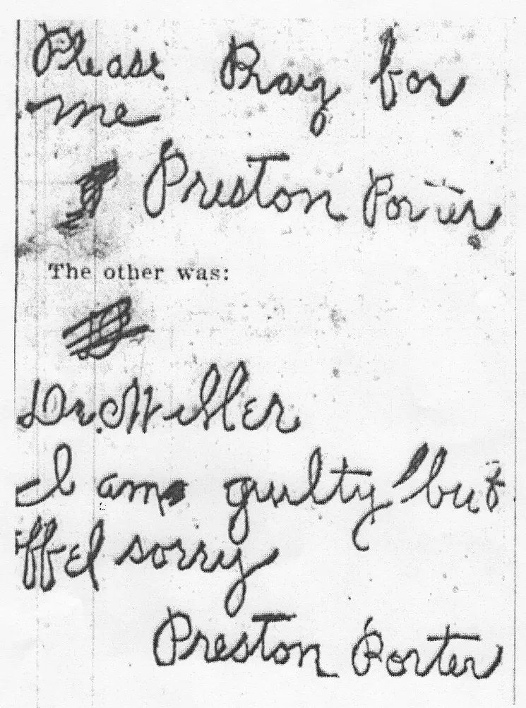 Porter's statements admitting to the crime, including these notes to a police surgeon, were prominently featured in the Denver newspapers — which considered the evidence of his guilt as "absolute." - DENVER PUBLIC LIBRARY WESTERN HISTORY