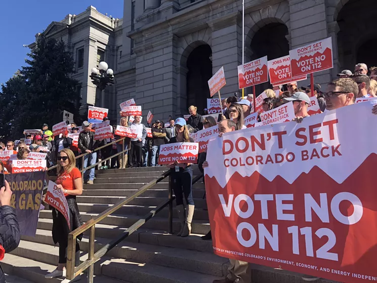 Colorado Petroleum Council Executive Director Tracee Bentley addressed an anti-112 rally in October. - PAIGE YOWELL