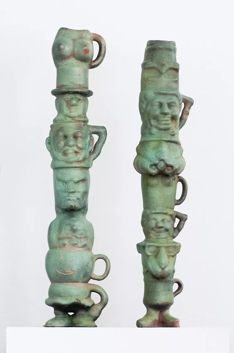 Donald Fodness. "Mr. and Mrs. Manyheads," 2017, bronze (containing original ceramic mugs inside core). - COURTESY OF DONALD FODNESS