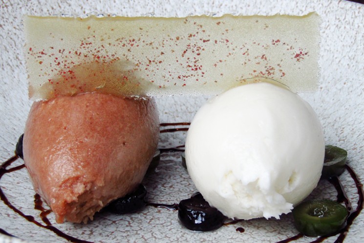Olive oil and vinegar ice creams with candied olives and aged balsamic. - MARK ANTONATION