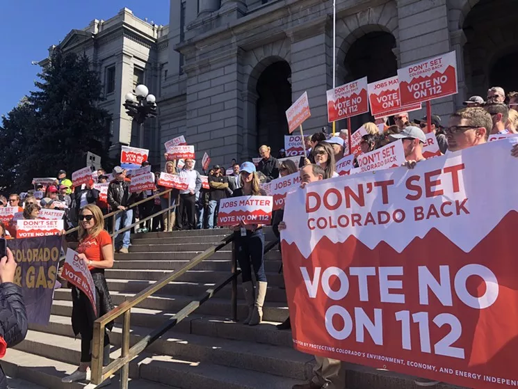 Colorado Petroleum Council Executive Director Tracee Bentley addressed an anti-112 rally in October. - PAIGE YOWELL