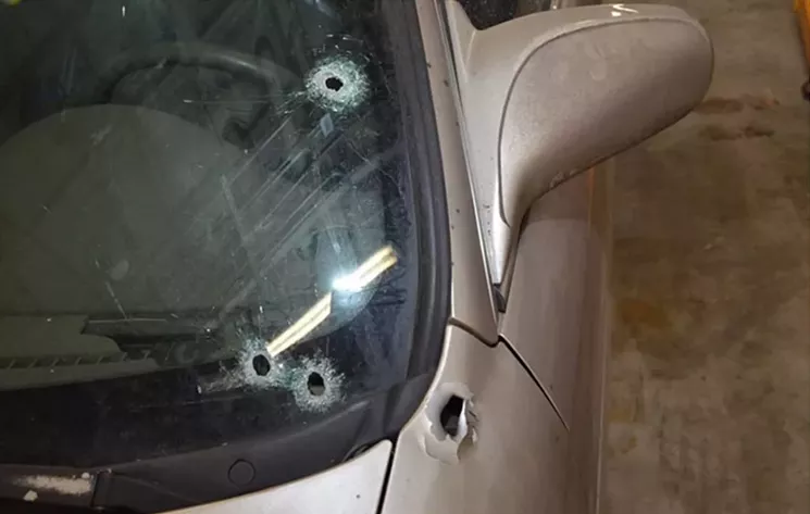 A close-up look at the bullet-riddled car in which Jessica Hernandez died. - COURTESY OF THE DENVER DISTRICT ATTORNEY’S OFFICE