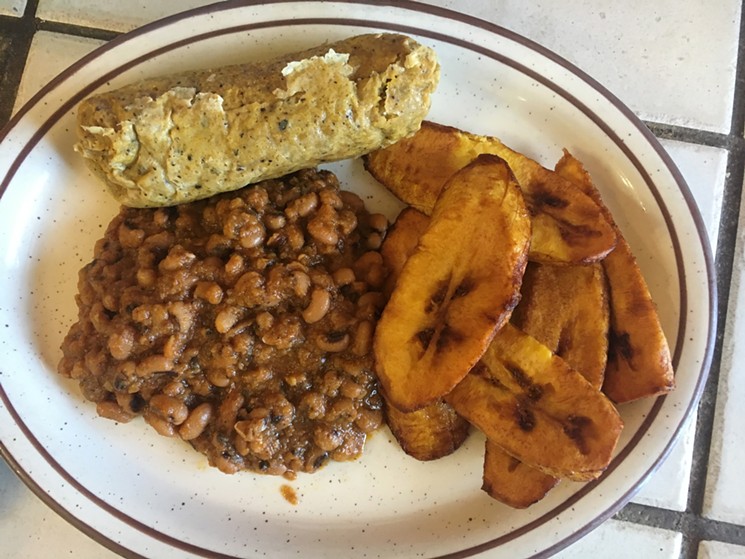 Red red is a Ghanaian dish of stewed black-eyed peas served with plantains. A steamed cake called moi moi adds even more black-eyed peas to the plate. - MARK ANTONATION