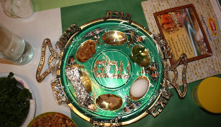 A traditional seder plate has a shank bone, egg, vegetable, bitter herbs and charoset. - CINDY YABROVE
