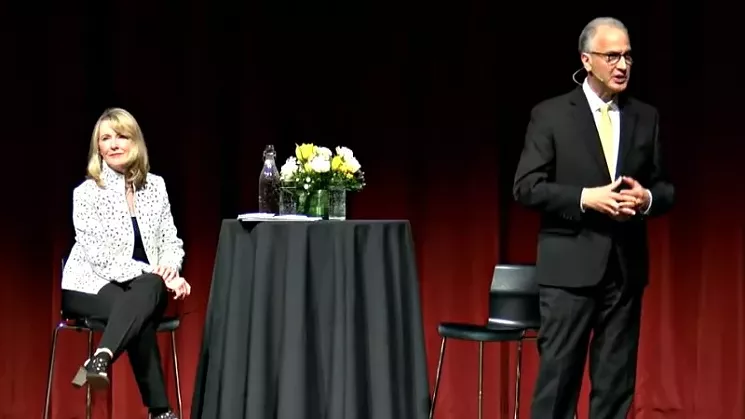 Mark Kennedy addressing the crowd at Macky Auditorium during an April 26 event facilitated by regent Sue Sharkey. - YOUTUBE