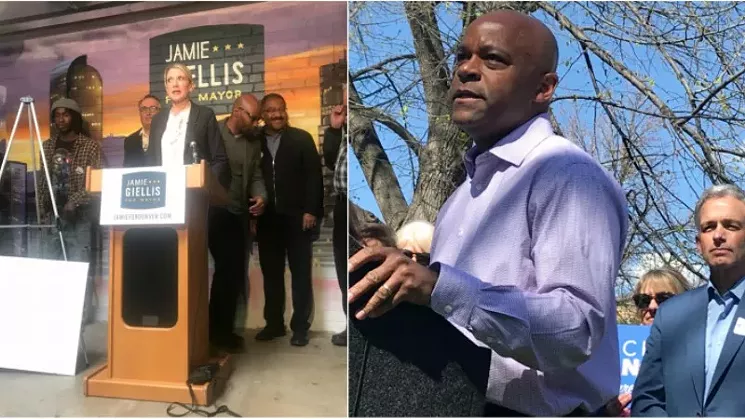 Jamie Giellis, left, at a May 21 press conference, and Michael Hancock during a May 14 event. - MICHAEL ROBERTS