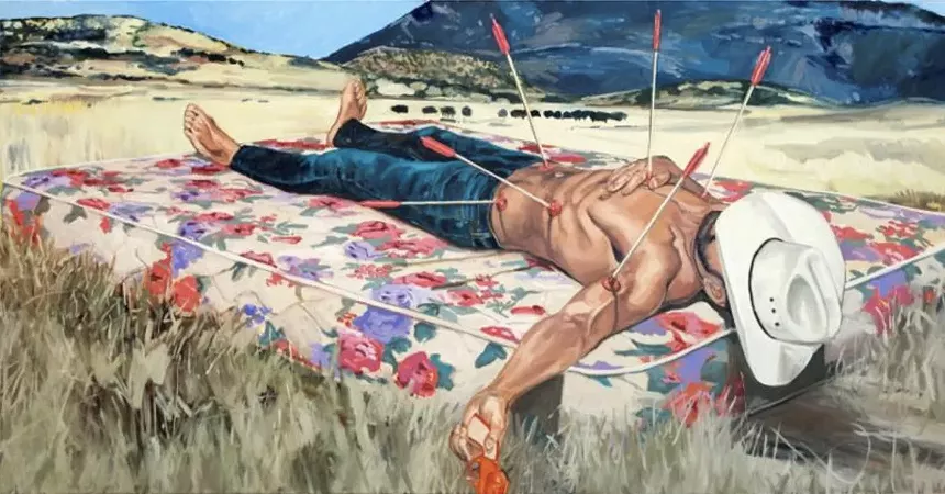 Tracy Stuckey, "Wounded Cowboy" (after "Dead Toreador," 1864, by Édouard Manet), 2019, oil on canvas. - TRACY STUCKEY, COURTESY OF VISIONS WEST CONTEMPORARY