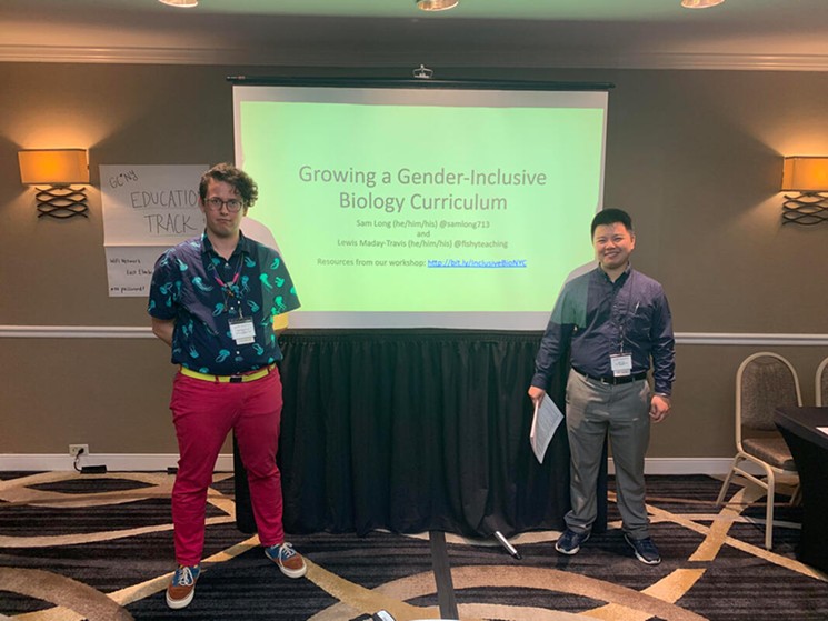 Lewis Maday-Travis and Sam Long present their "Growing a Gender-Inclusive Biology Curriculum" at a conference. - SAM LONG