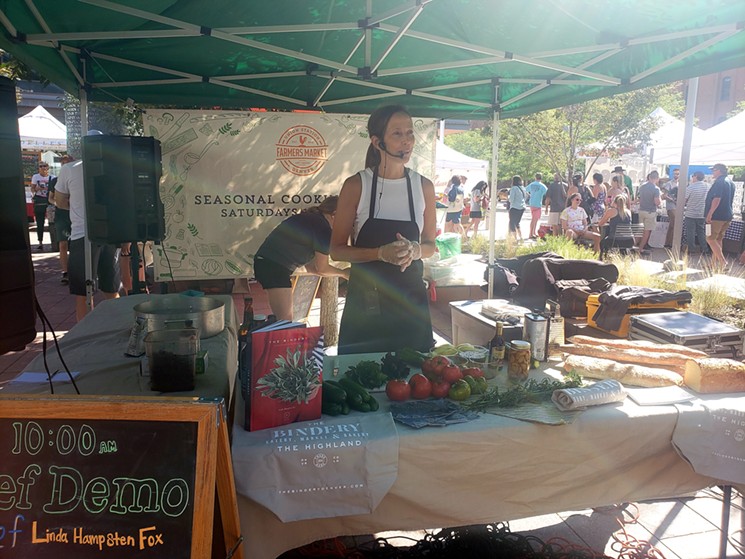 Saturday's chef's demo in Union Station Farmers' Market featured Linda Hampsten Fox of the Bindery. - LINNEA COVINGTON