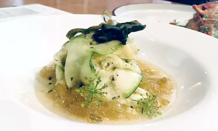 Chef Nick Kayser turned zucchini into a succulent summer salad highlighted with pickled ramps and fennel gastrique at Vesta. - MARK ANTONATION