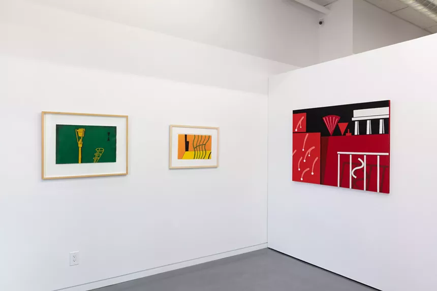 Installation view of Joe Clower: Paintings, with "Chaos Hell of Ecstasy" on the right. - WES MAGYAR, COURTESY RULE GALLERY